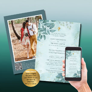 Teal Greenery Catholic Nuptial Mass Photo Wedding Invitation