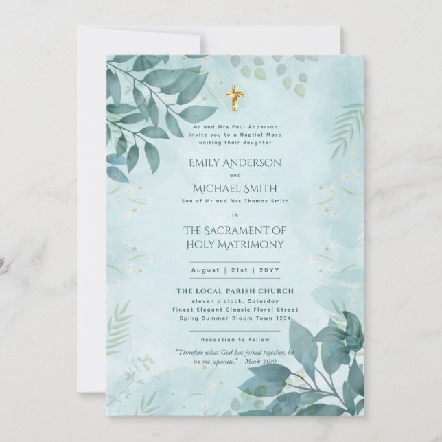 Teal Greenery  Catholic Nuptial Mass Wedding Invitation (Front)