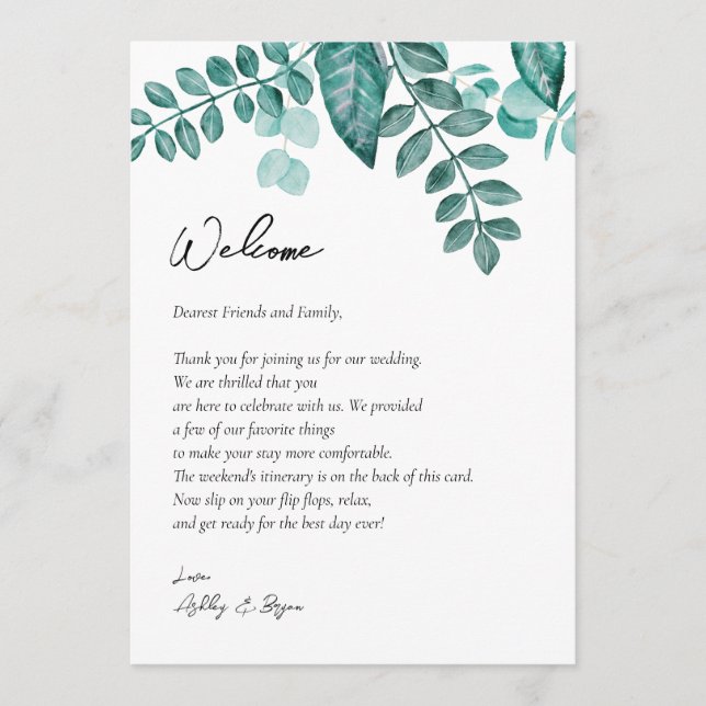Teal Greenery Wedding Welcome Letter & Itinerary  Programme (Front)