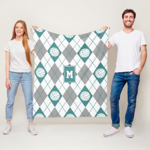 teal grey argyle pattern volleyballs monogrammed fleece blanket