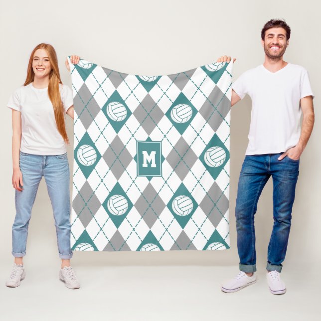 teal grey argyle pattern volleyballs monogrammed fleece blanket (In Situ)