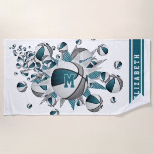 teal grey basketballs stars girls monogrammed beach towel