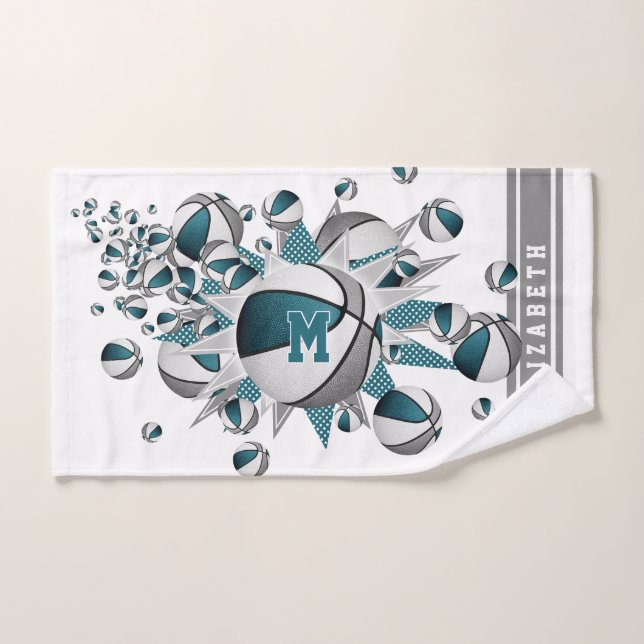teal grey basketballs stars girls monogrammed hand towel (Hand Towel)