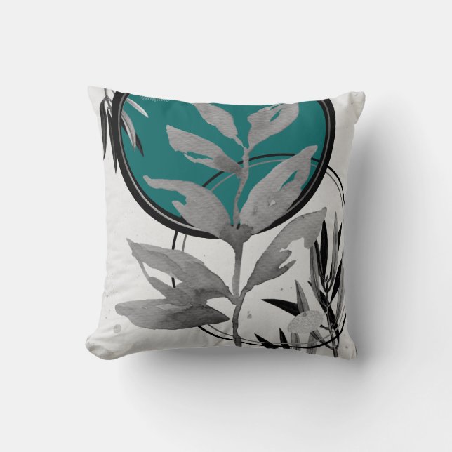 Teal Grey & Black Abstract Watercolor Leaf Cushion (Front)