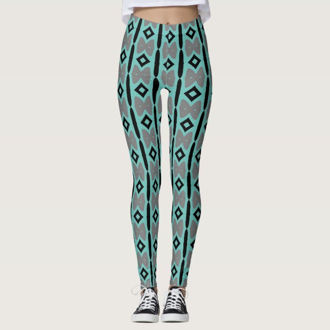 Teal Grey Black Unique Pattern Leggings (Front)
