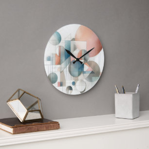 Teal Grey Blue Beige Rust Red Abstract Art Pattern Large Clock