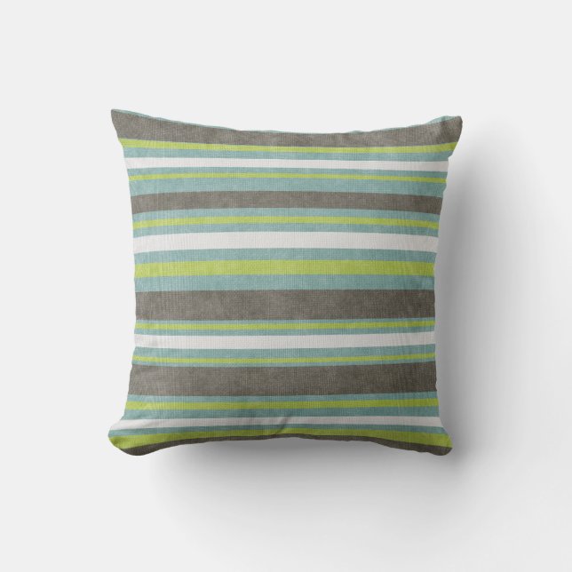 Teal Grey Blue Green Stripes Cushion (Front)