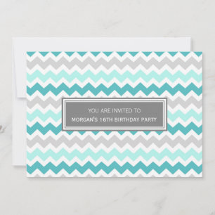 Teal Grey Chevron 16th Birthday Party Invitation