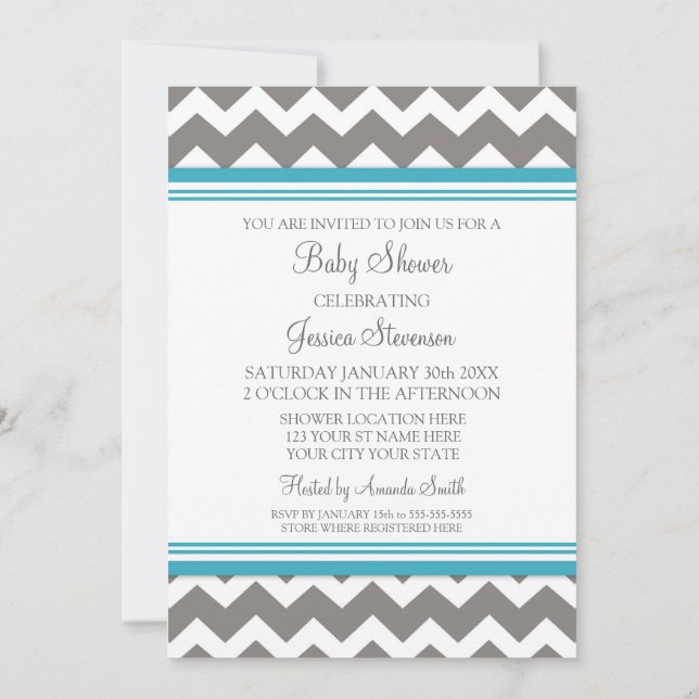 Teal Grey Chevron Custom Baby Shower Invitations (Back)