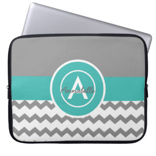 Teal Grey Chevron Monogram Personalised Laptop Sleeve