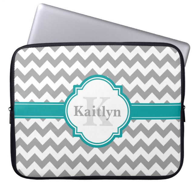 Teal Grey Chevron Pattern & Moroccan Quatrefoil Laptop Sleeve (Front)