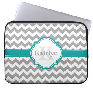 Teal Grey Chevron Pattern & Moroccan Quatrefoil Laptop Sleeve