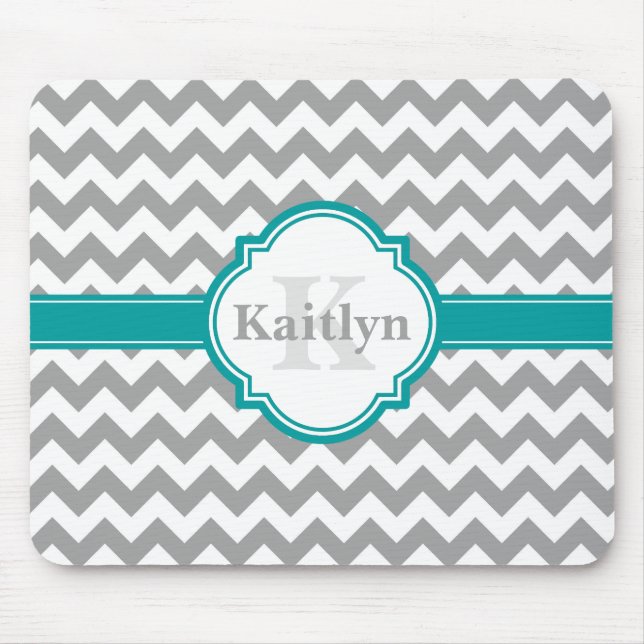 Teal Grey Chevron Pattern & Moroccan Quatrefoil Mouse Pad (Front)