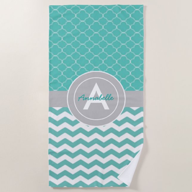 Teal Grey Chevron Quatrefoil Beach Towel (Front)