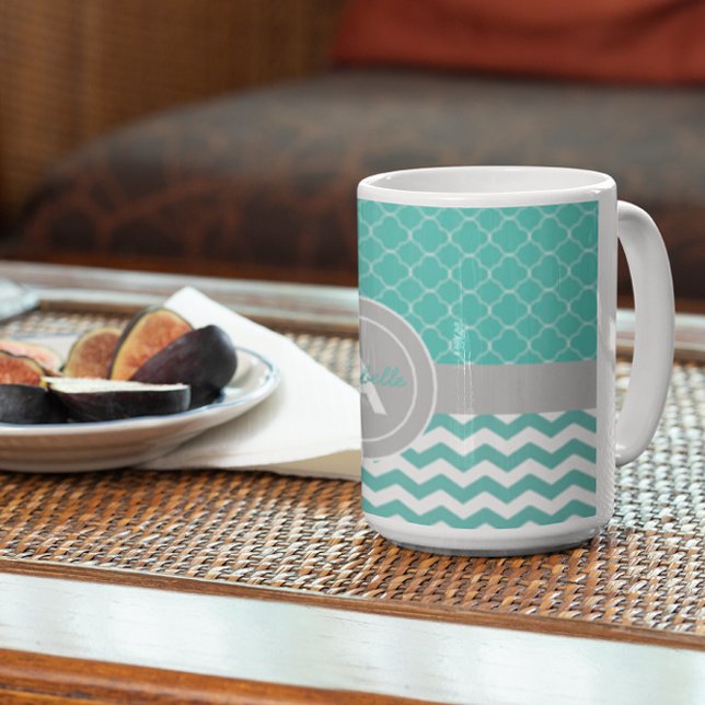 Teal Grey Chevron Quatrefoil Coffee Mug (Creator Uploaded)