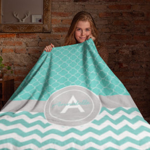 Teal Grey Chevron Quatrefoil Fleece Blanket