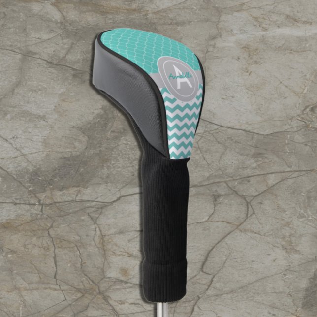 Teal Grey Chevron Quatrefoil Golf Head Cover (Creator Uploaded)