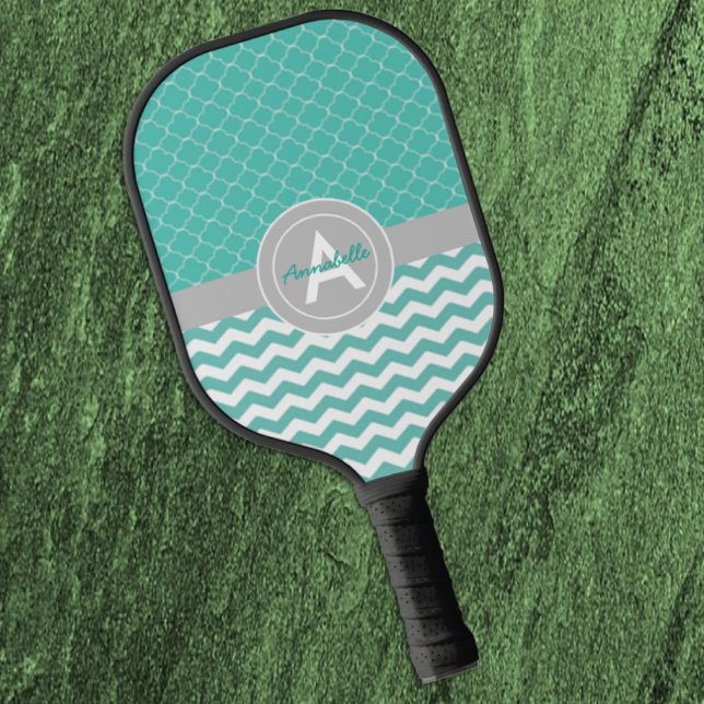 Teal Grey Chevron Quatrefoil Pickleball Paddle (Creator Uploaded)