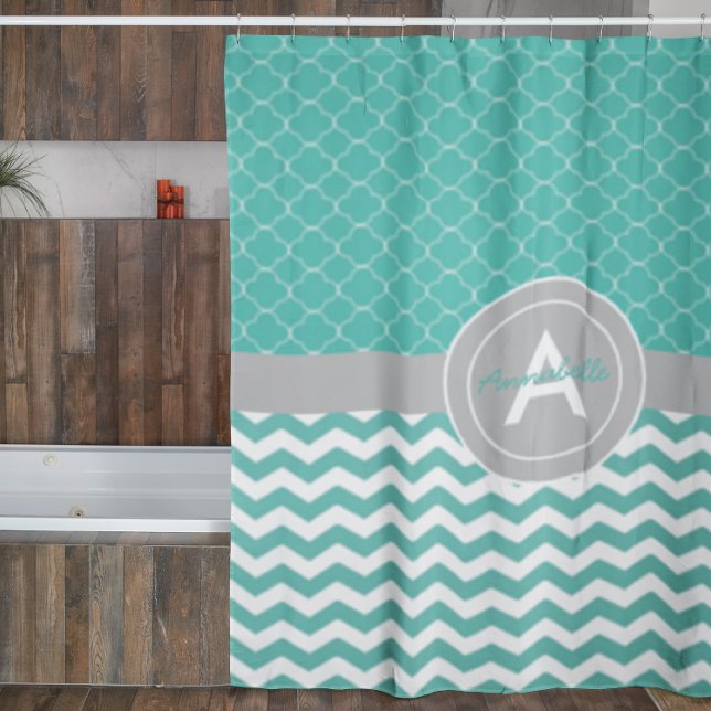 Teal Grey Chevron Quatrefoil Shower Curtain (Creator Uploaded)