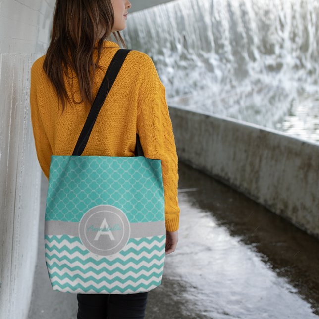 Teal Grey Chevron Quatrefoil Tote Bag (Creator Uploaded)