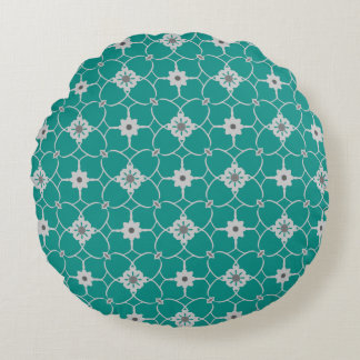 Teal Grey Christmas Floral Pattern Round Cushion