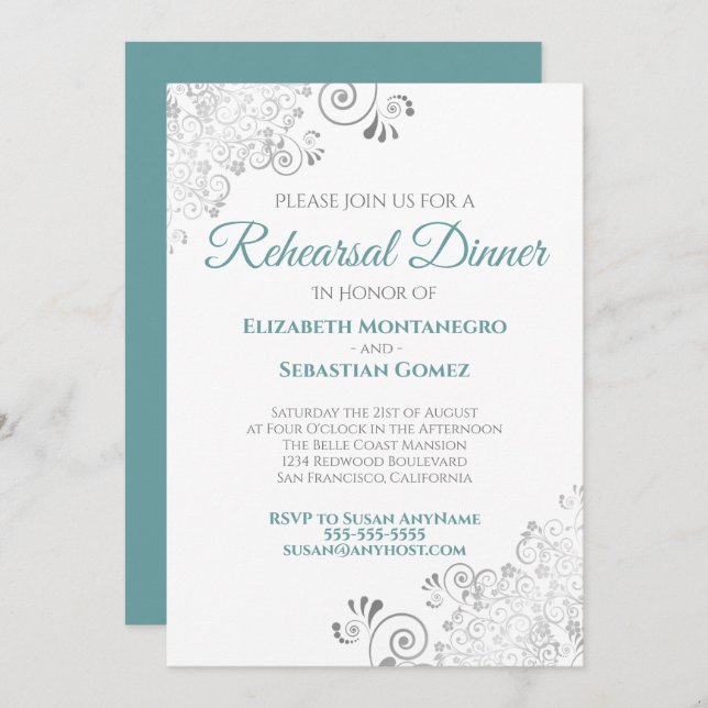 Teal & Grey Curls Wedding Rehearsal Dinner Invitation (Front/Back)