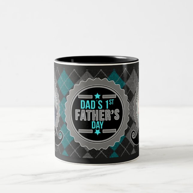 Teal Grey Dad's 1st Father's Day Moustache Photo Two-Tone Coffee Mug (Center)