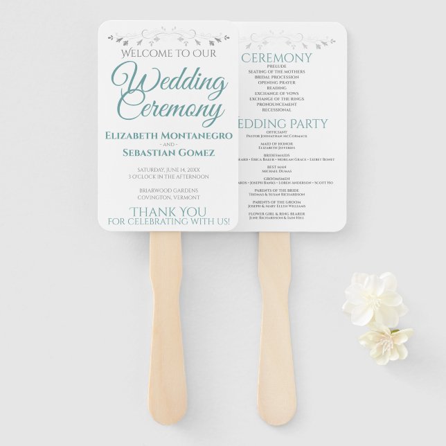 Teal & Grey Elegant Wedding Fans with Program (Front and Back)