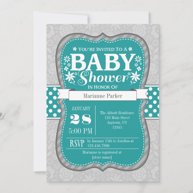 Teal Grey Flower Floral Baby Shower Invitation (Front)