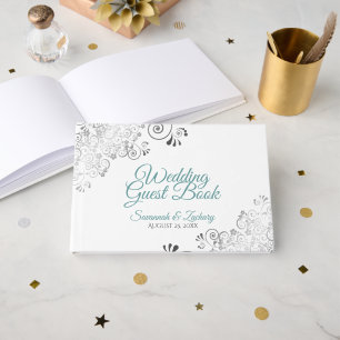 Teal & Grey Frilly Filigree Elegant Wedding Guest Book