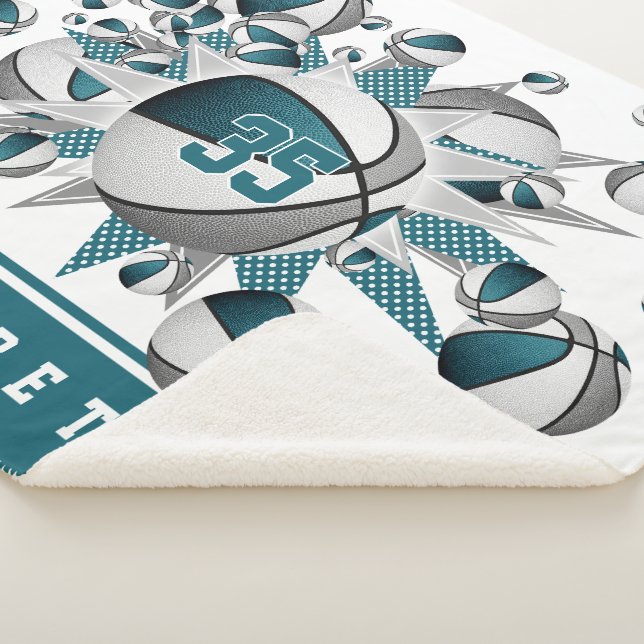 teal grey girls sports decor basketballs stars sherpa blanket (3/4)
