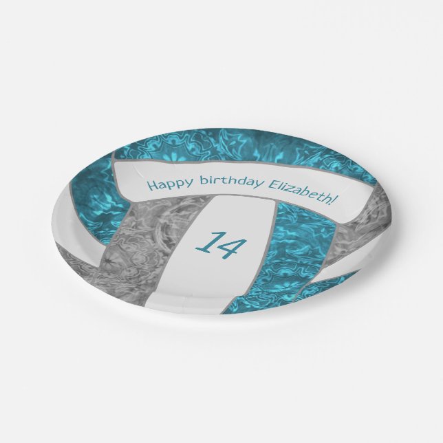 teal grey girly volleyball birthday party paper plate (Angled)