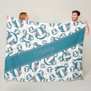 Teal grey girly volleyballs pattern net accent fleece blanket