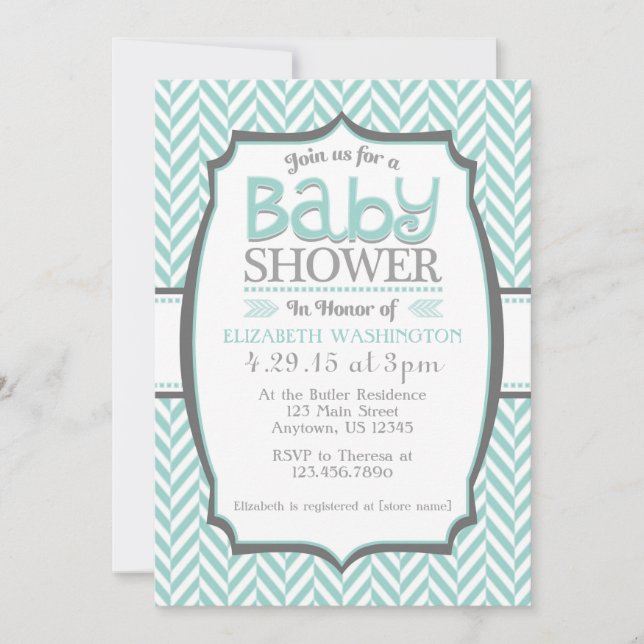Teal Grey Herringbone Baby Shower Invitations (Front)
