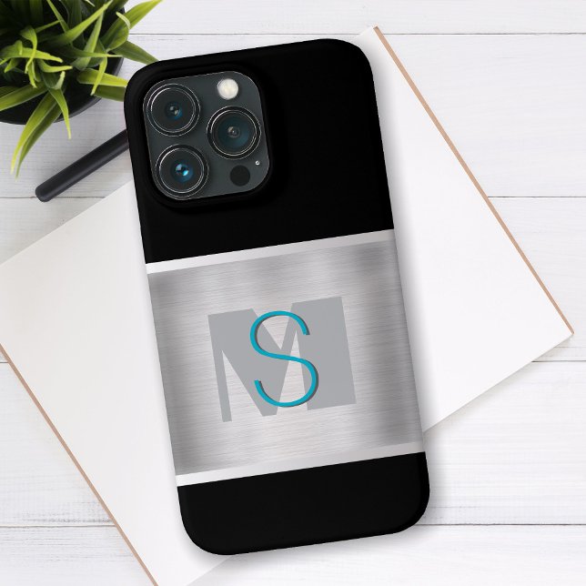 Teal & Grey Monogram, Brushed Silver, Black Case-Mate iPhone Case (Creator Uploaded)
