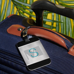 Teal & Grey Monogram, Brushed Silver, Black Luggage Tag