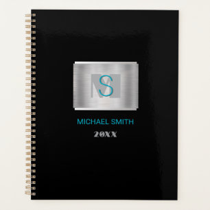 Teal & Grey Monogram, Name, Year Silver & Black Planner
