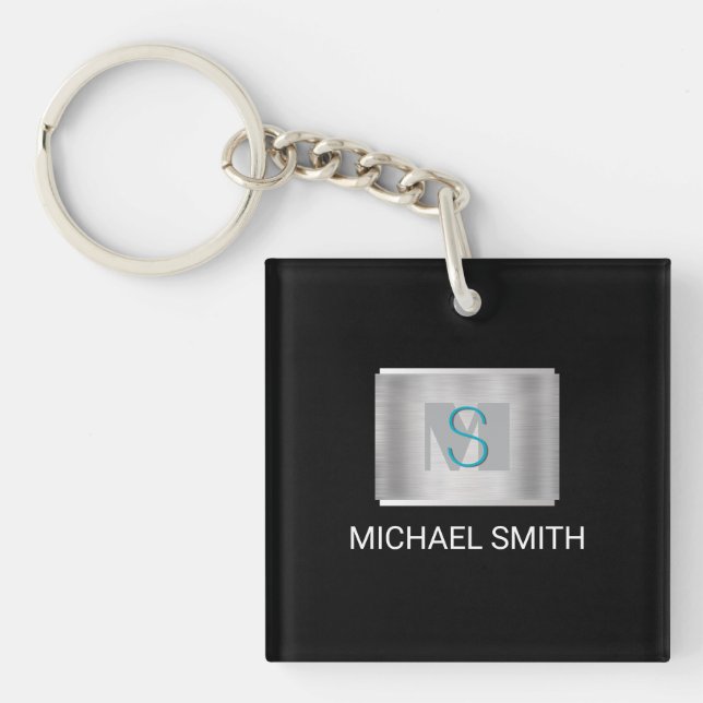 Teal & Grey Monogram, White Name Silver, Black Key Ring (Front)