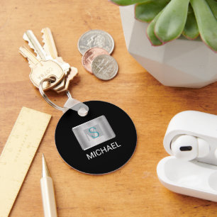 Teal & Grey Monogram, White Name Silver, Black Key Ring