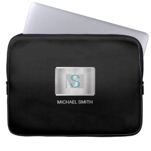 Teal & Grey Monogram, White Name, Silver, Black Laptop Sleeve
