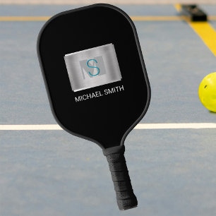 Teal & Grey Monogram, White Name Silver, Black Pickleball Paddle