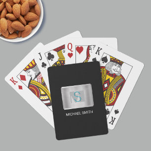 Teal & Grey Monogram, White Name Silver, Black Playing Cards
