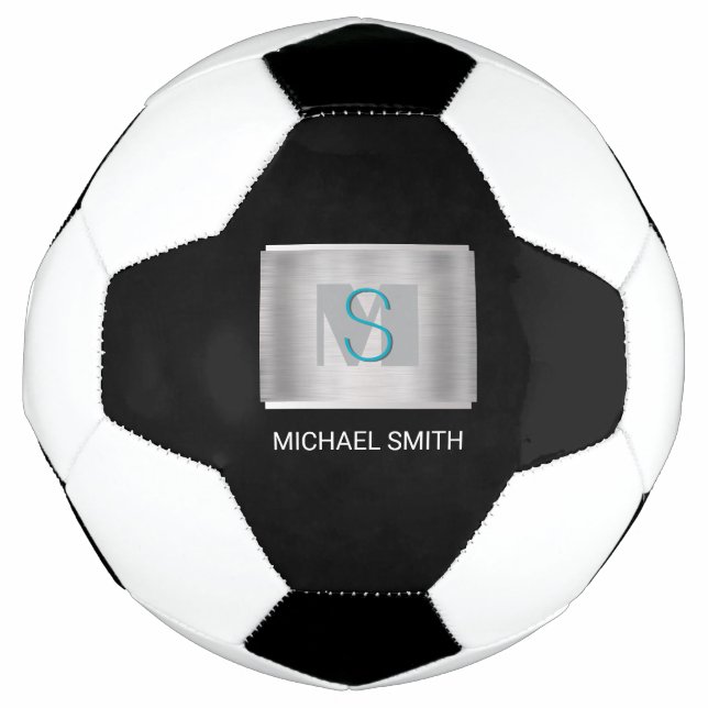 Teal & Grey Monogram, White Name Silver, Black Soccer Ball (Front)