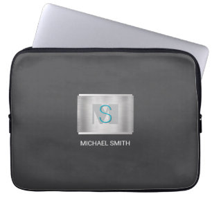 Teal & Grey Monogram, White Name Silver, Dark Grey Laptop Sleeve