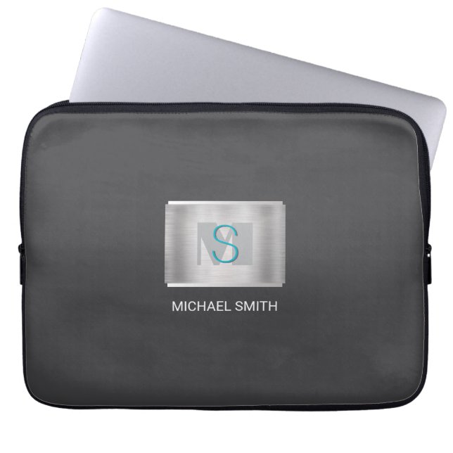 Teal & Grey Monogram, White Name Silver, Dark Grey Laptop Sleeve (Front)