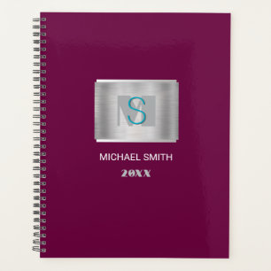 Teal & Grey Monogram White Name Year Silver/Maroon Planner
