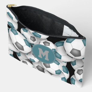 teal grey monogrammed soccer balls pattern accessory pouch