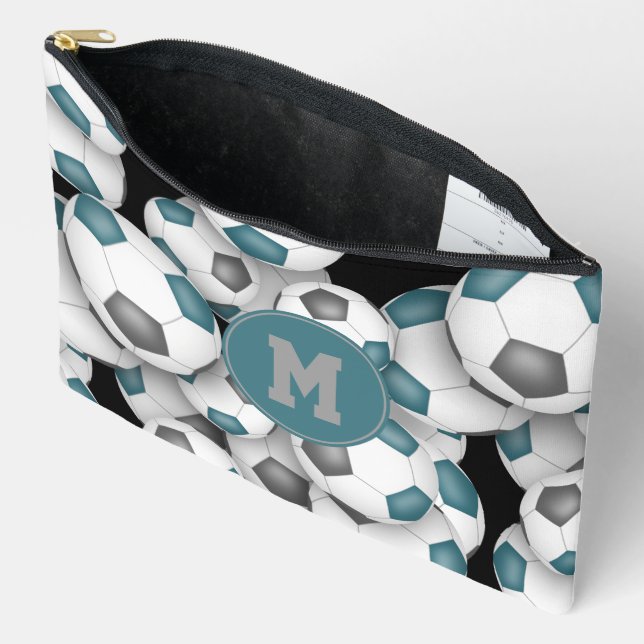 teal grey monogrammed soccer balls pattern  accessory pouch (Open)