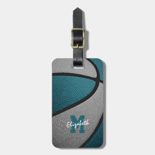 teal grey monogrammed sports gifts basketball luggage tag