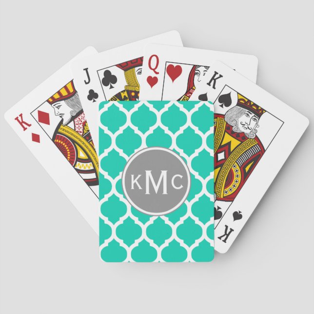 Teal Grey Moroccan Lattice Playing Cards (Back)
